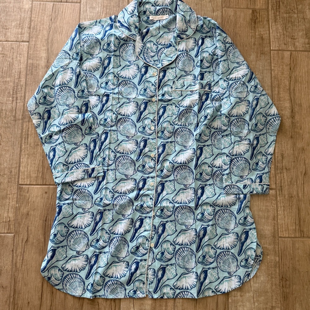 Mahogany Womens Blue Seashell Print 100% Cotton Button Down Nightshirt Size M
